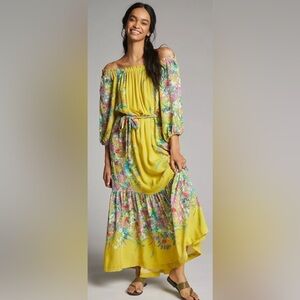 Anthropologie Dress Eliora Off-The-Shoulder Maxi Cottage Core Floral Yellow S